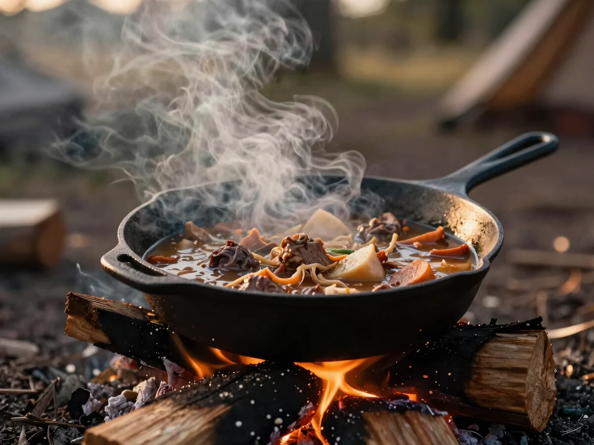 Cast iron pan cooking a hearty stew over an open wood fire in a campsite, earthy ingredients, steam and smoke, soft gold